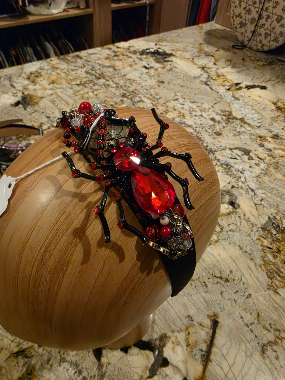Black Headband with Red Spider, Beaded Embellishment